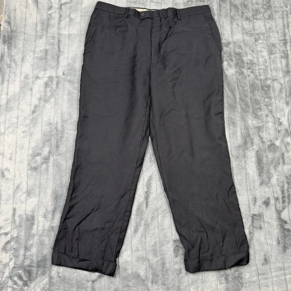 J Ferrar Mens Black 100% Wool Micro Check Dress Pants Made in Italy 38x27 Cuffed